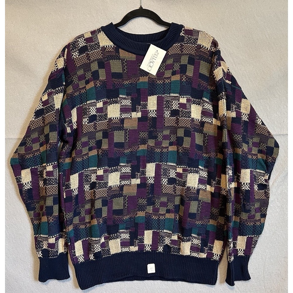 90's Bellagio Sweater Mens L Pullover Patchwork Purple Blue Green USA Made NWT